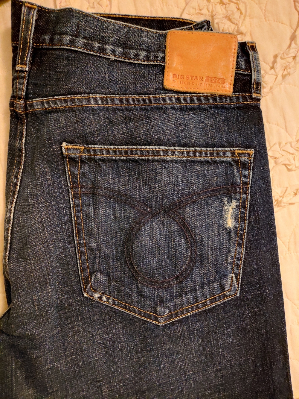 Big Star Men’s Dark Blue Straight Jeans with Leather Patch